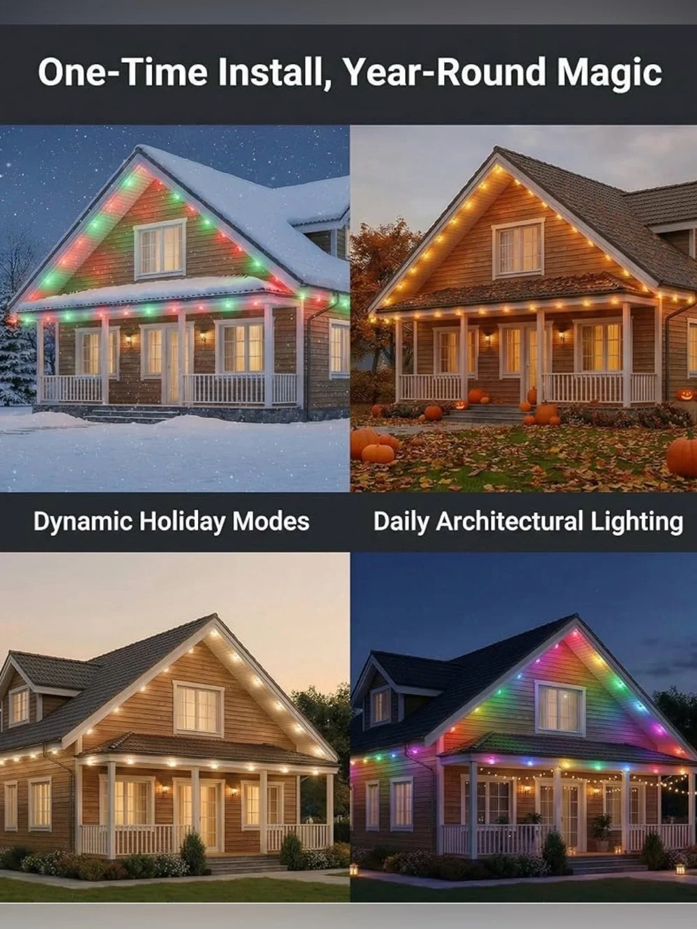 100 FT Permanent Outdoor LED Lights – Smart App + Remote – Color Changing